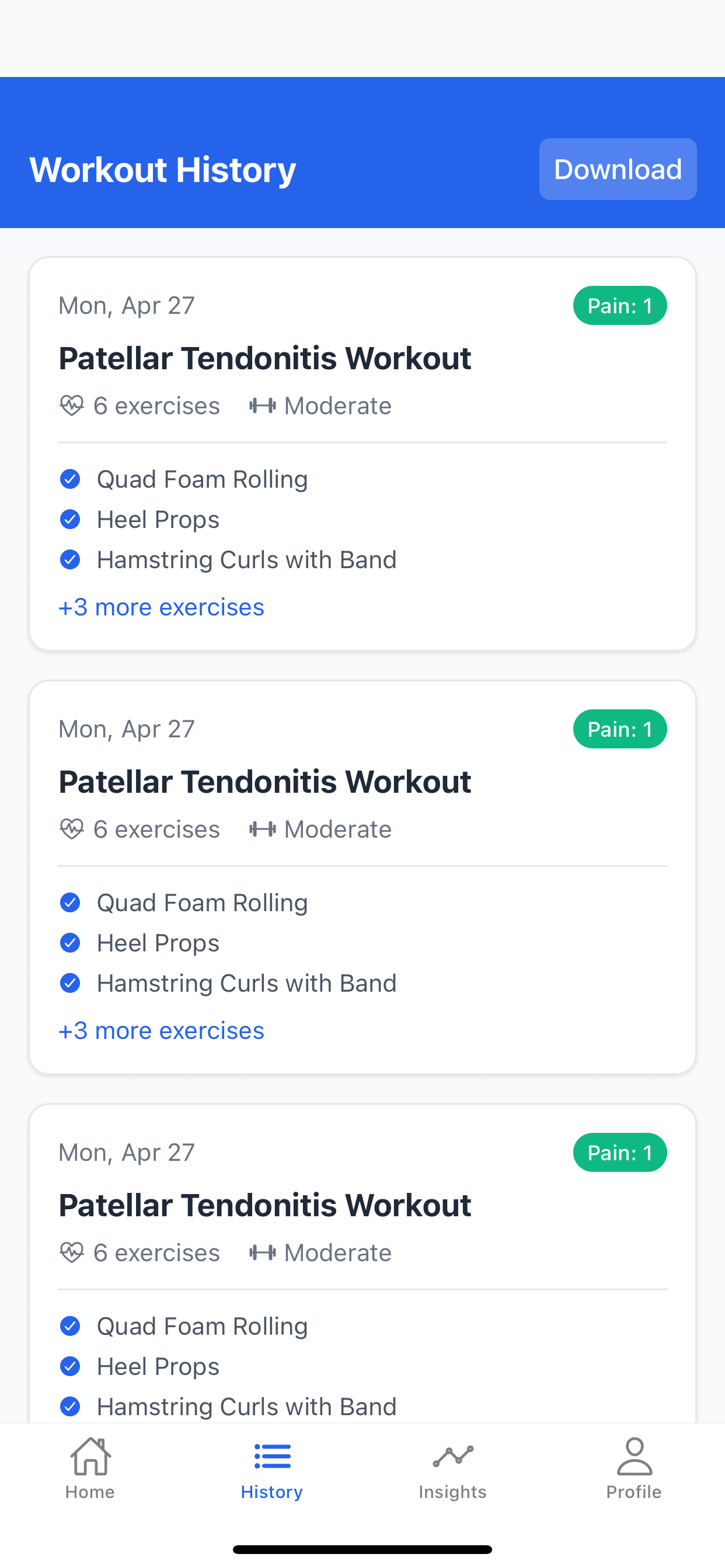 LungeFit workout history screen