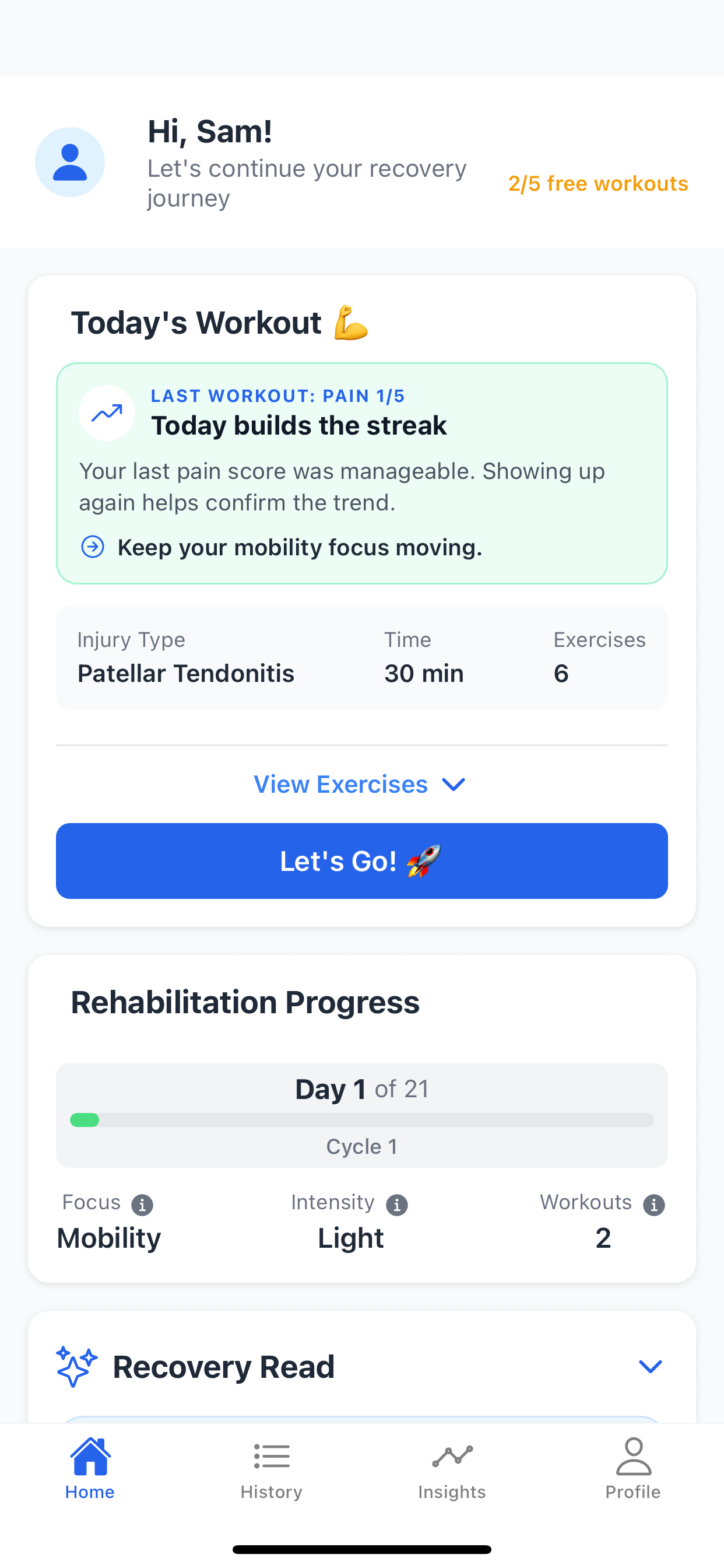 LungeFit home screen showing today's workout and recovery progress