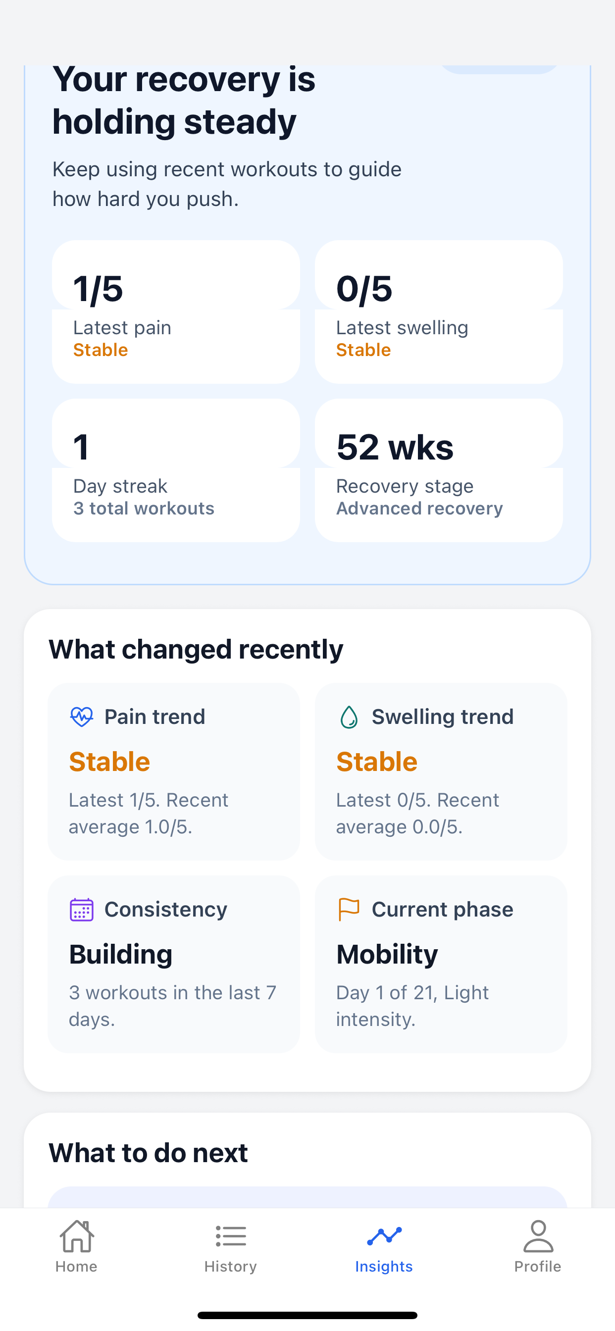 LungeFit insights screen showing pain, swelling, consistency, and phase